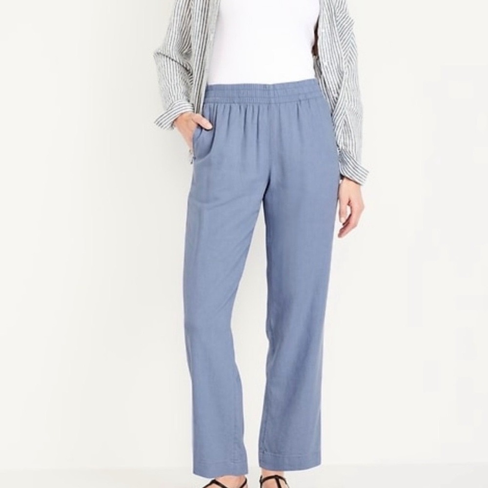 Old Navy Linen Blend Straight Ankle Pants Womens Large Blue Elastic Waist NWT